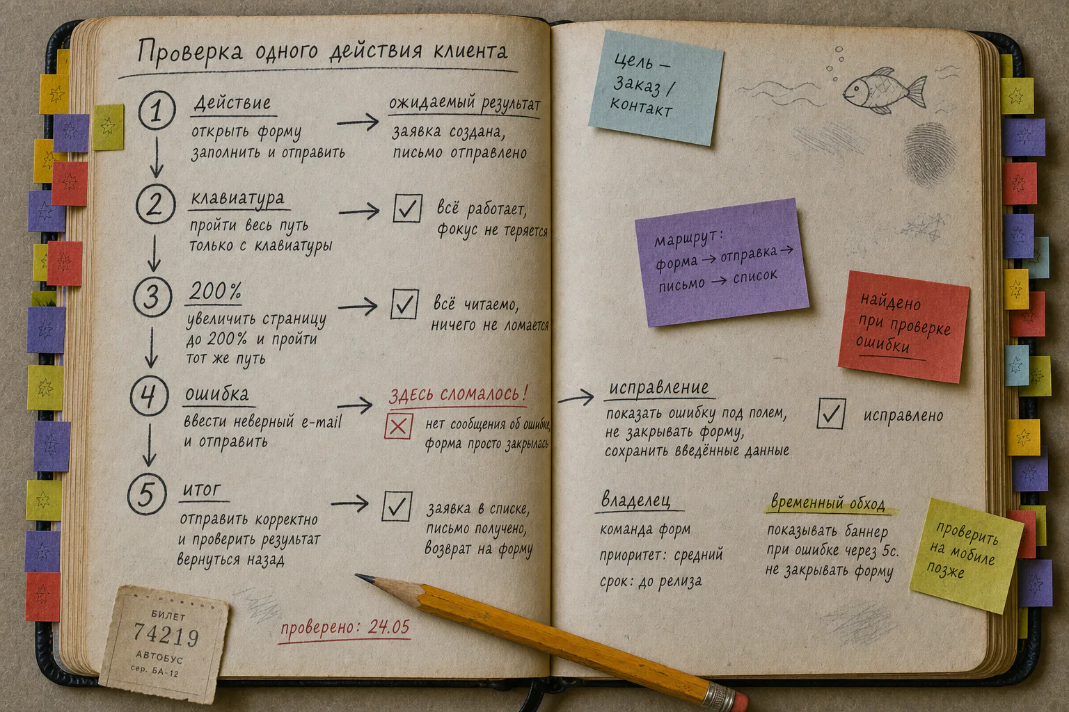 Раскрытая рабочая книга с проверкой одного клиентского действия по клавиатуре, увеличению, ошибке и подтверждению результата