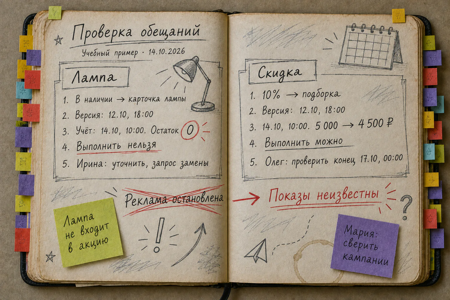 Рабочая книга: два заполненных примера рекламных обещаний, нулевой остаток лампы, действующая скидка и отдельная запись о неизвестных показах