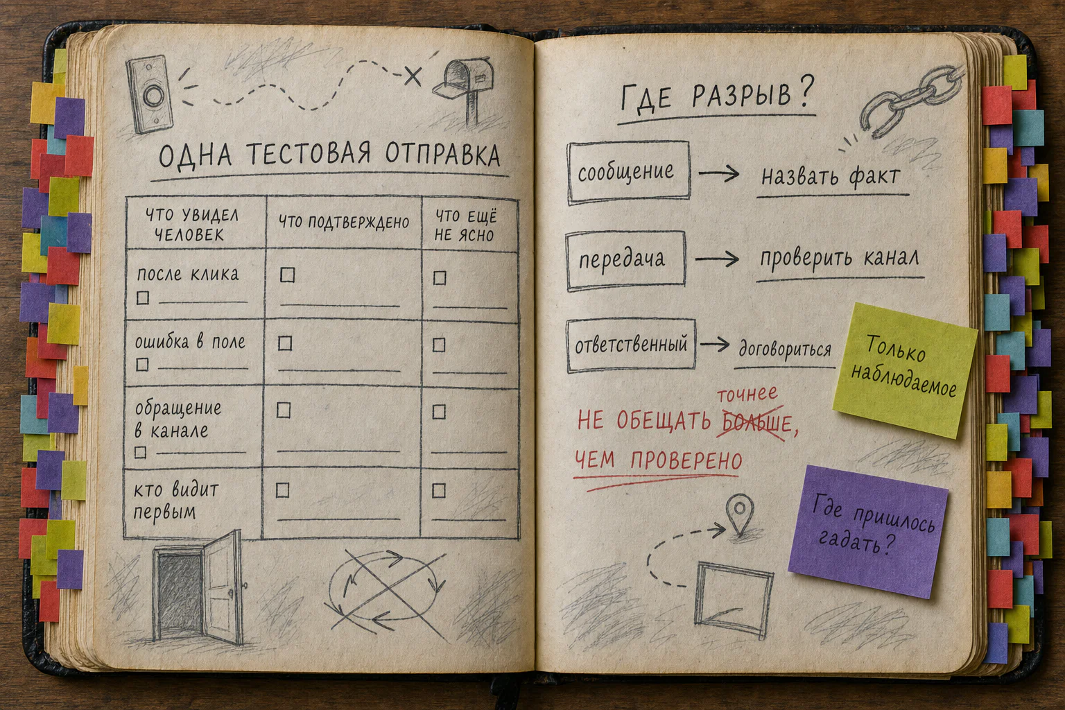 Раскрытая рабочая книга с записью одной тестовой отправки: что увидел посетитель, что подтверждено и где осталась неизвестность