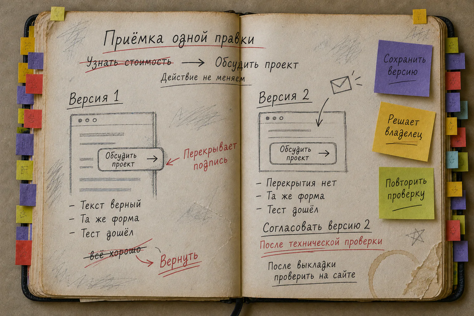 Раскрытая рабочая книга: версия 1 кнопки возвращена из-за перекрытия, версия 2 согласуется после технической проверки, дальше назначен проход на основном сайте