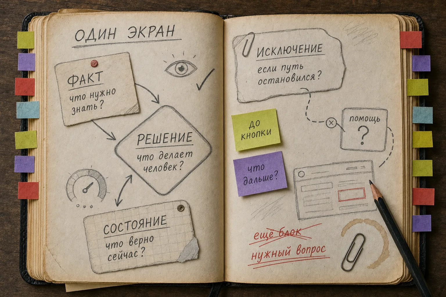 Открытый блокнот с карточками «РЕШЕНИЕ», «ФАКТ», «СОСТОЯНИЕ» и «ИСКЛЮЧЕНИЕ», карандашными набросками и красной правкой.