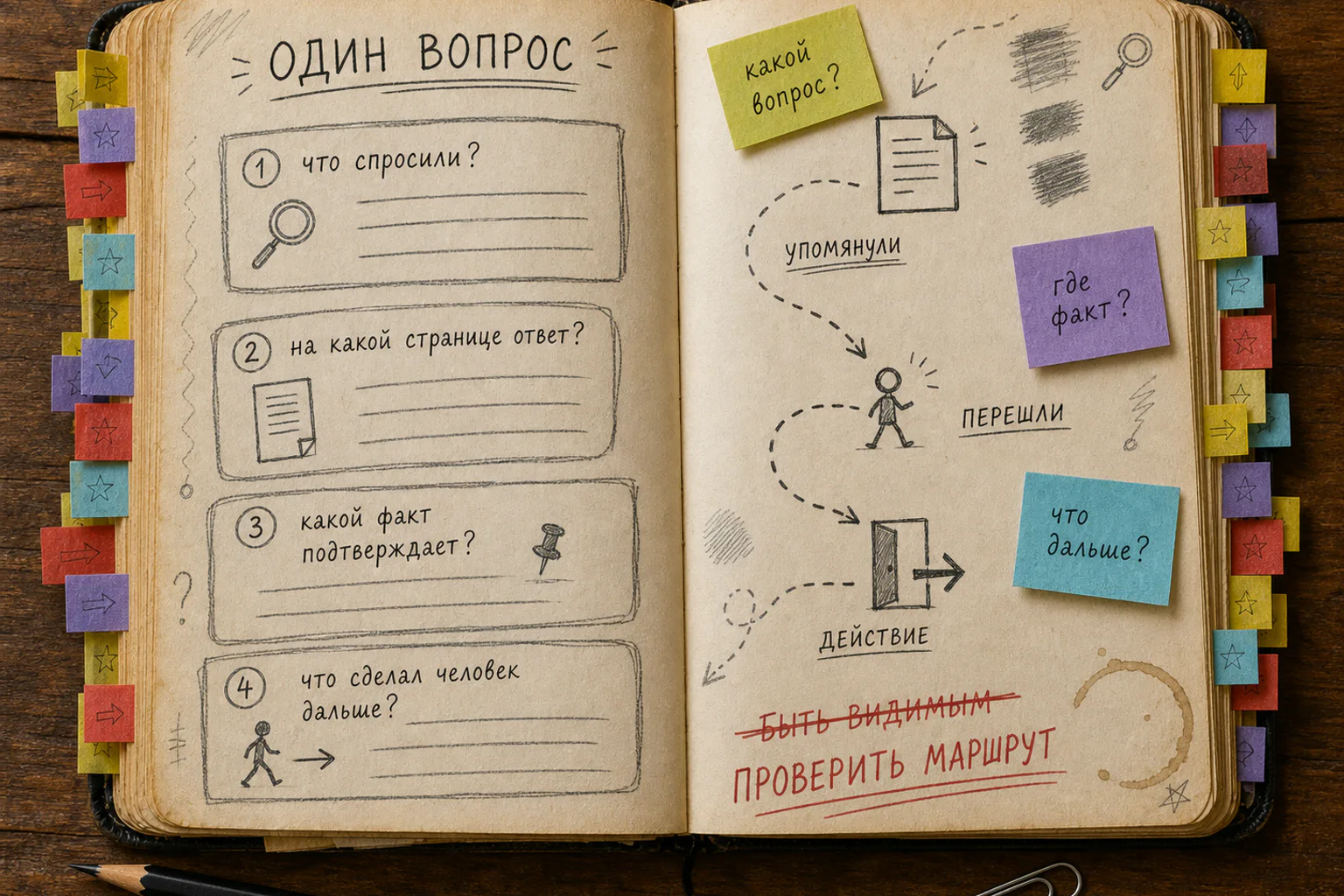 Раскрытая рабочая книга с картой проверки страницы: вопрос, страница, доказательство, упоминание и следующее действие, цветными заметками и красной правкой.