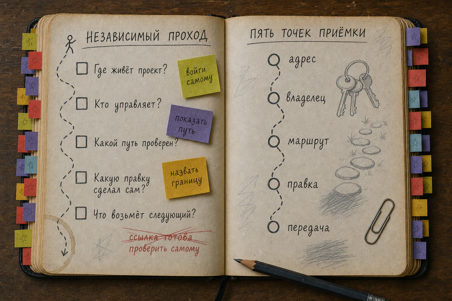 Старая рабочая книга с рукописной картой независимой приёмки сайта из пяти проверочных строк.