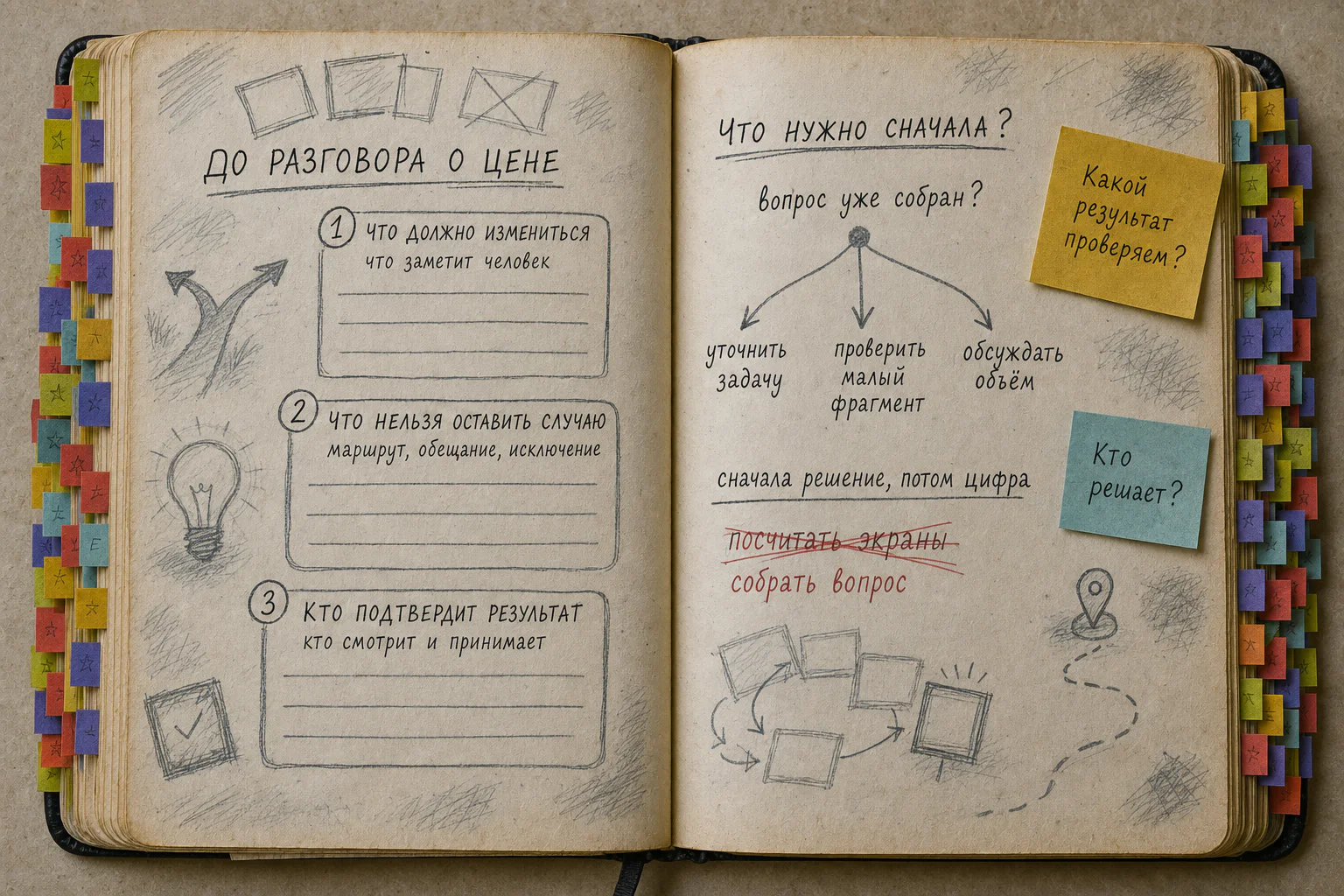 Раскрытая рабочая книга с тремя вопросами до разговора о цене: нужное изменение, выборы без случайности и проверка результата