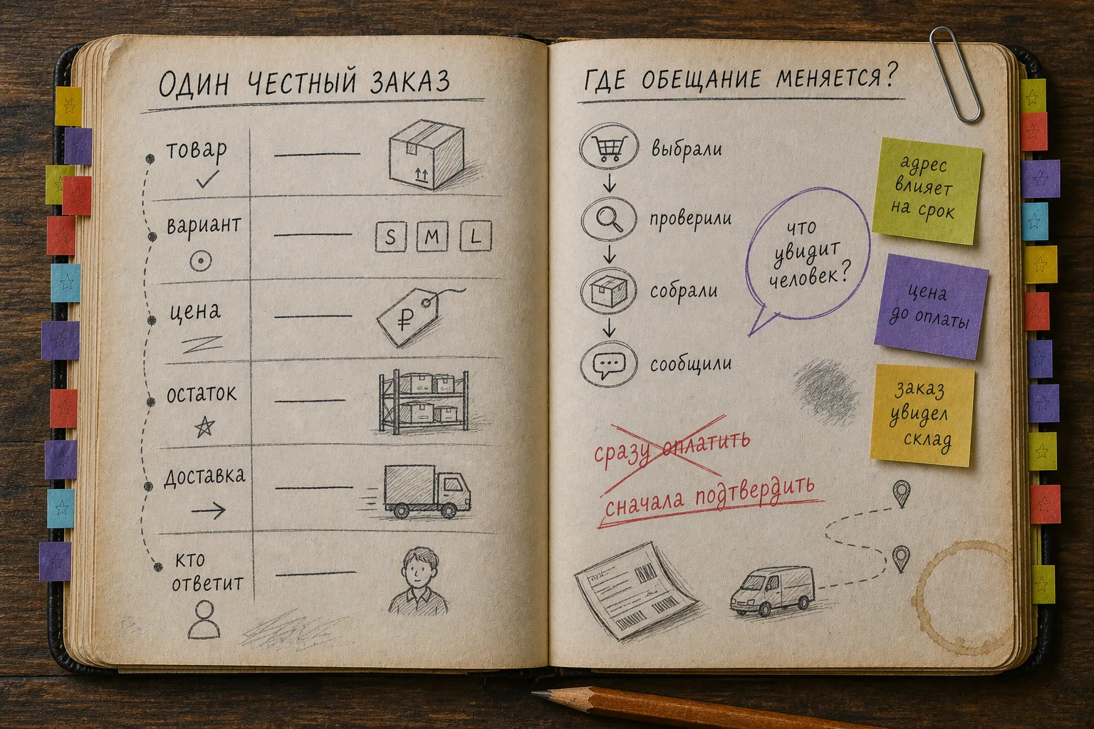 Открытая старая рабочая книга с рукописной проверкой товара, цены, остатка, доставки и владельца исключения.