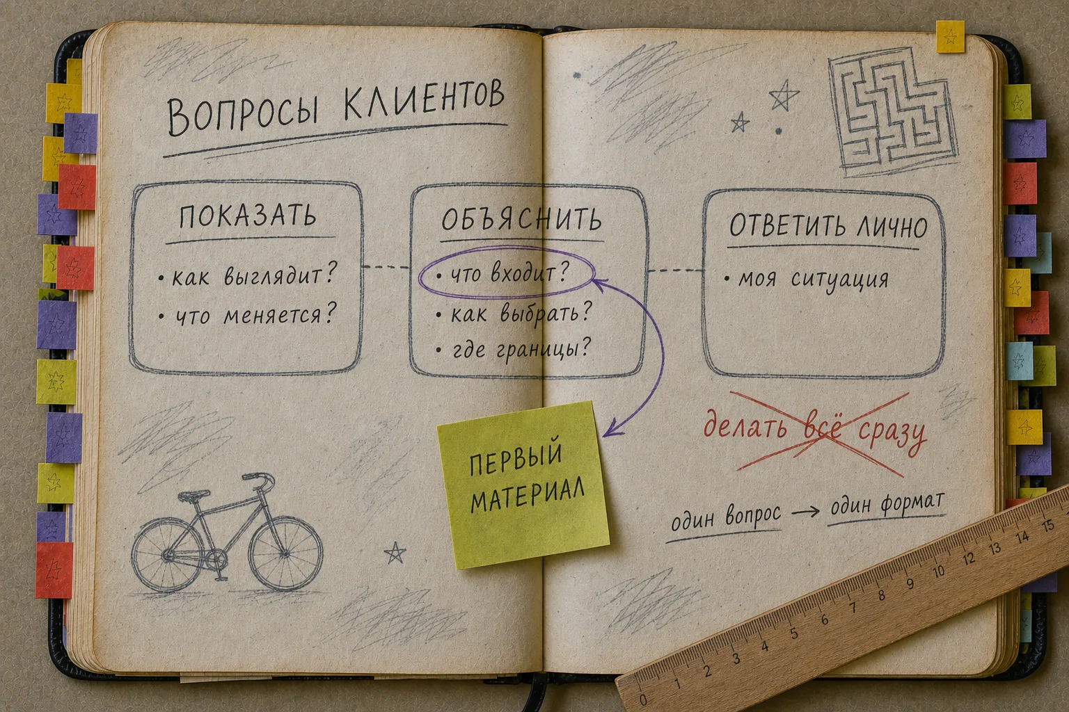 Раскрытая рабочая книга с вопросами клиентов, разложенными по трём вариантам: показать, объяснить и ответить лично; один вопрос отмечен для первого материала
