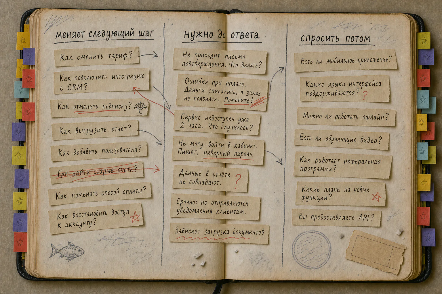 Раскрытая рабочая книга с вопросами из двадцати обращений, распределёнными по влиянию на следующий шаг, подготовку менеджера и уточнение после контакта