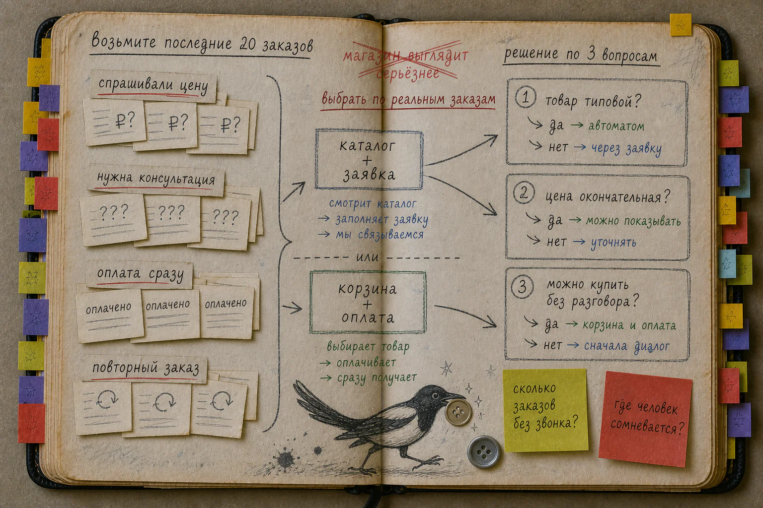 Старая рабочая книга с разбором двадцати заказов перед выбором каталога или интернет-магазина