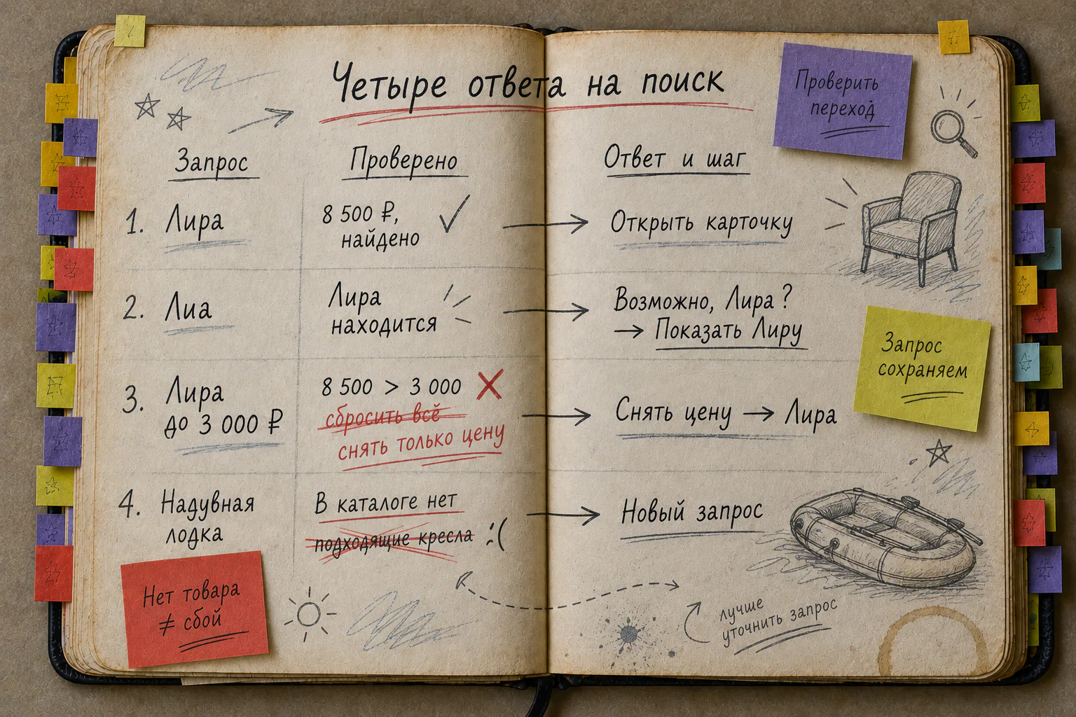 Раскрытая рабочая книга с четырьмя заполненными поисками: Лира, Лиа, Лира до 3 000 рублей и надувная лодка; красным уточнено снятие цены и зачёркнуты неподходящие товары