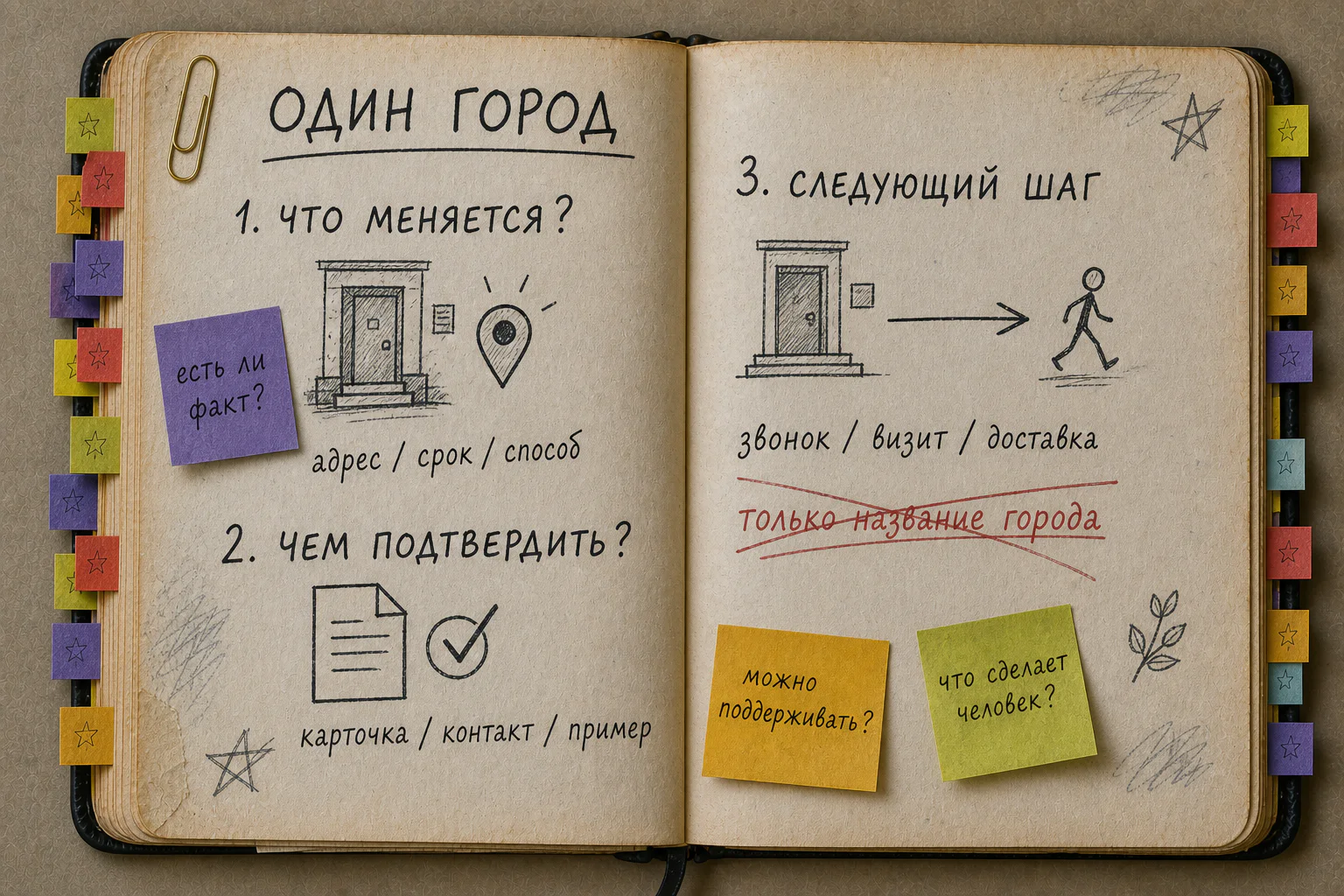Раскрытая рабочая книга с проверкой одного города по вопросам о факте, подтверждении и следующем действии посетителя