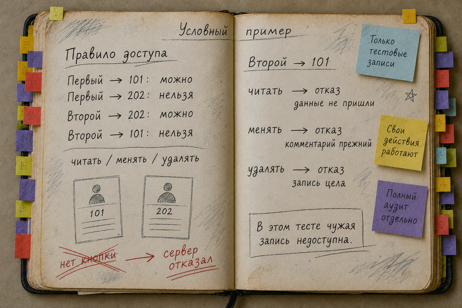 Раскрытая рабочая книга с правилом доступа двух тестовых клиентов и условными результатами чтения, изменения и удаления чужой записи.