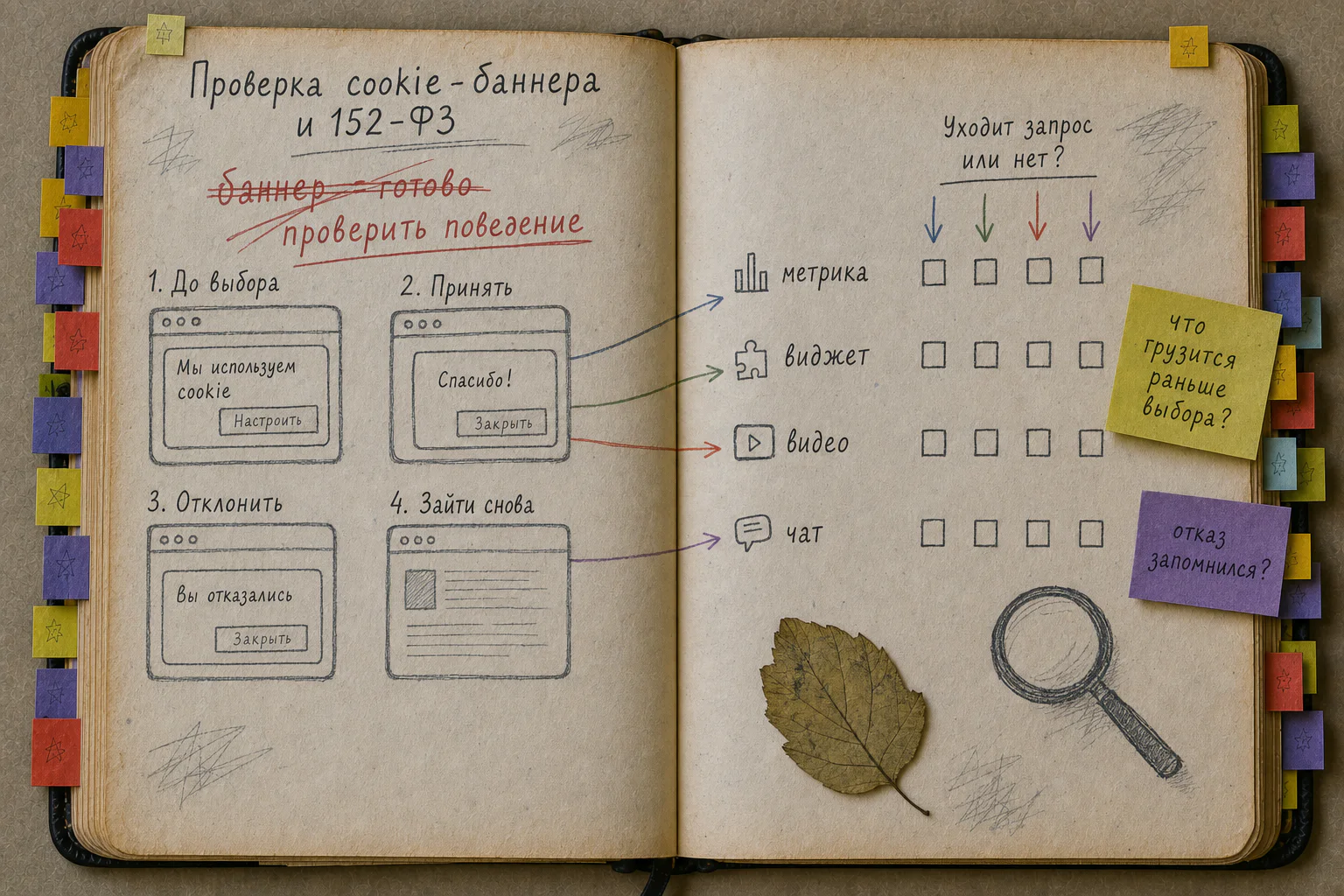 Старая рабочая книга с четырьмя состояниями cookie-баннера и картой внешних запросов