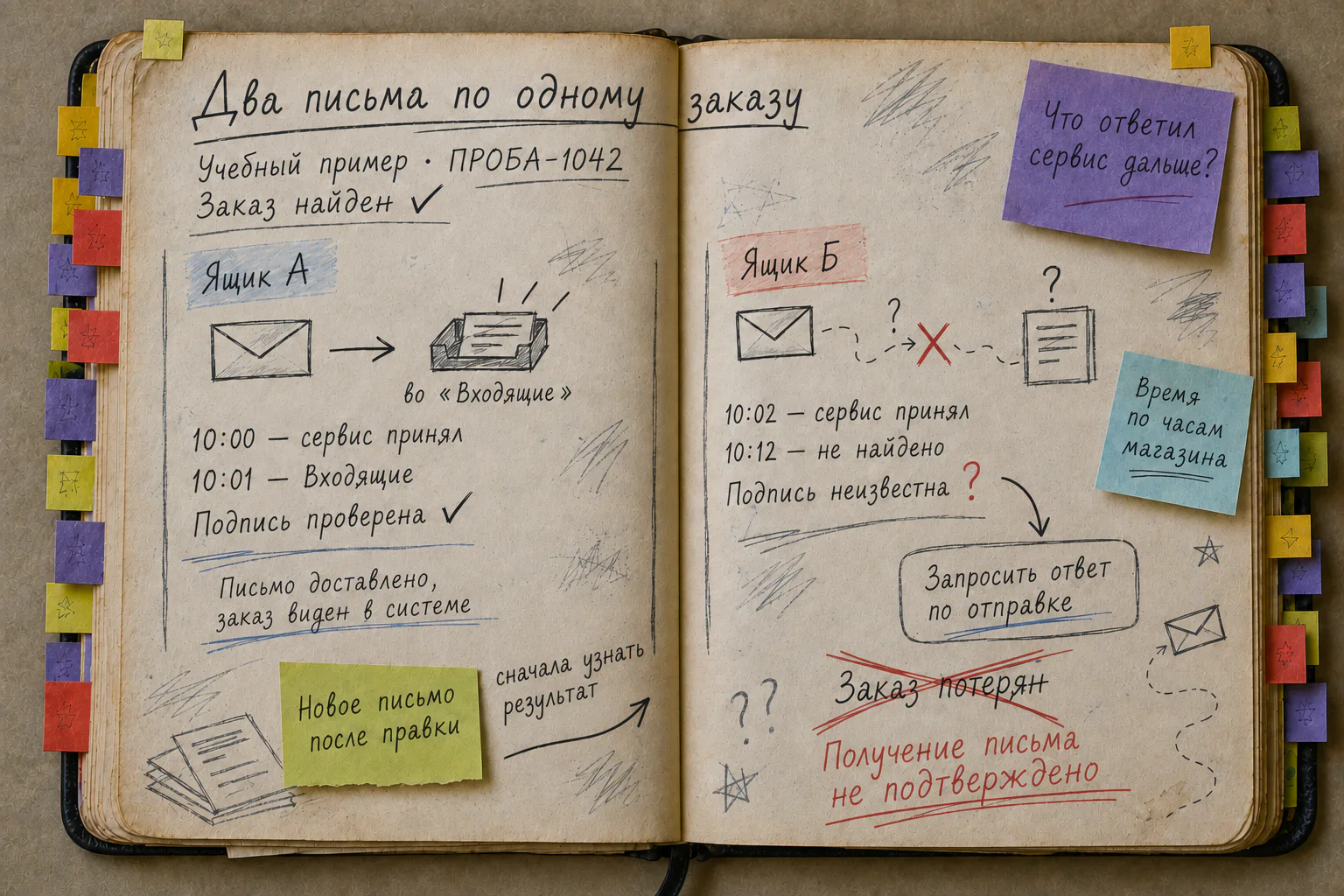 Раскрытая рабочая книга: заказ ПРОБА-1042 найден, письмо в ящике А получено, в ящике Б не найдено; вывод о потере заказа исправлен на задачу проверить доставку письма