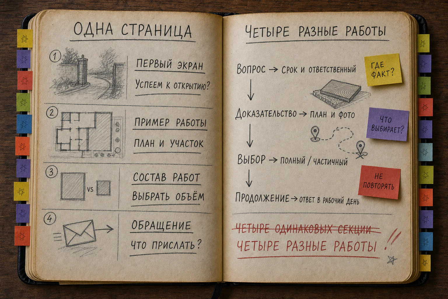 Открытая рабочая книга с заполненным разбором четырёх блоков страницы сервиса монтажа, карандашными набросками маршрута и красной правкой про разные работы.