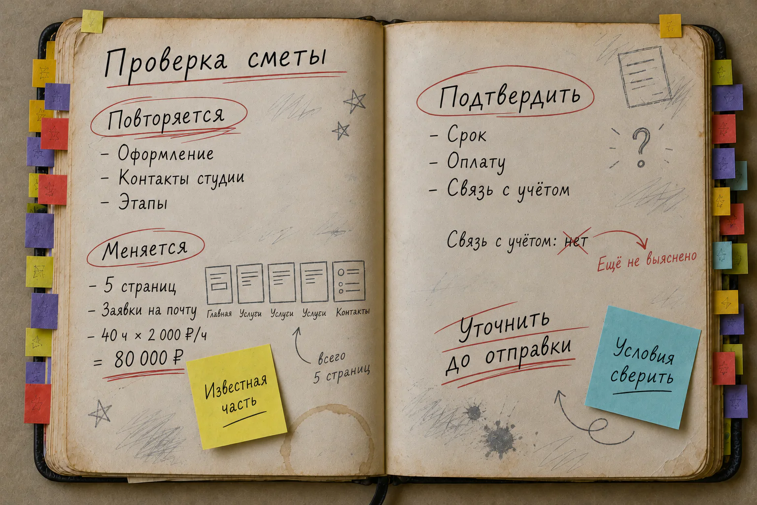 Раскрытая рабочая книга: постоянные поля, пять страниц и расчёт 40 часов по 2 000 рублей в час; связь с учётом исправлена с «нет» на «ещё не выяснено»