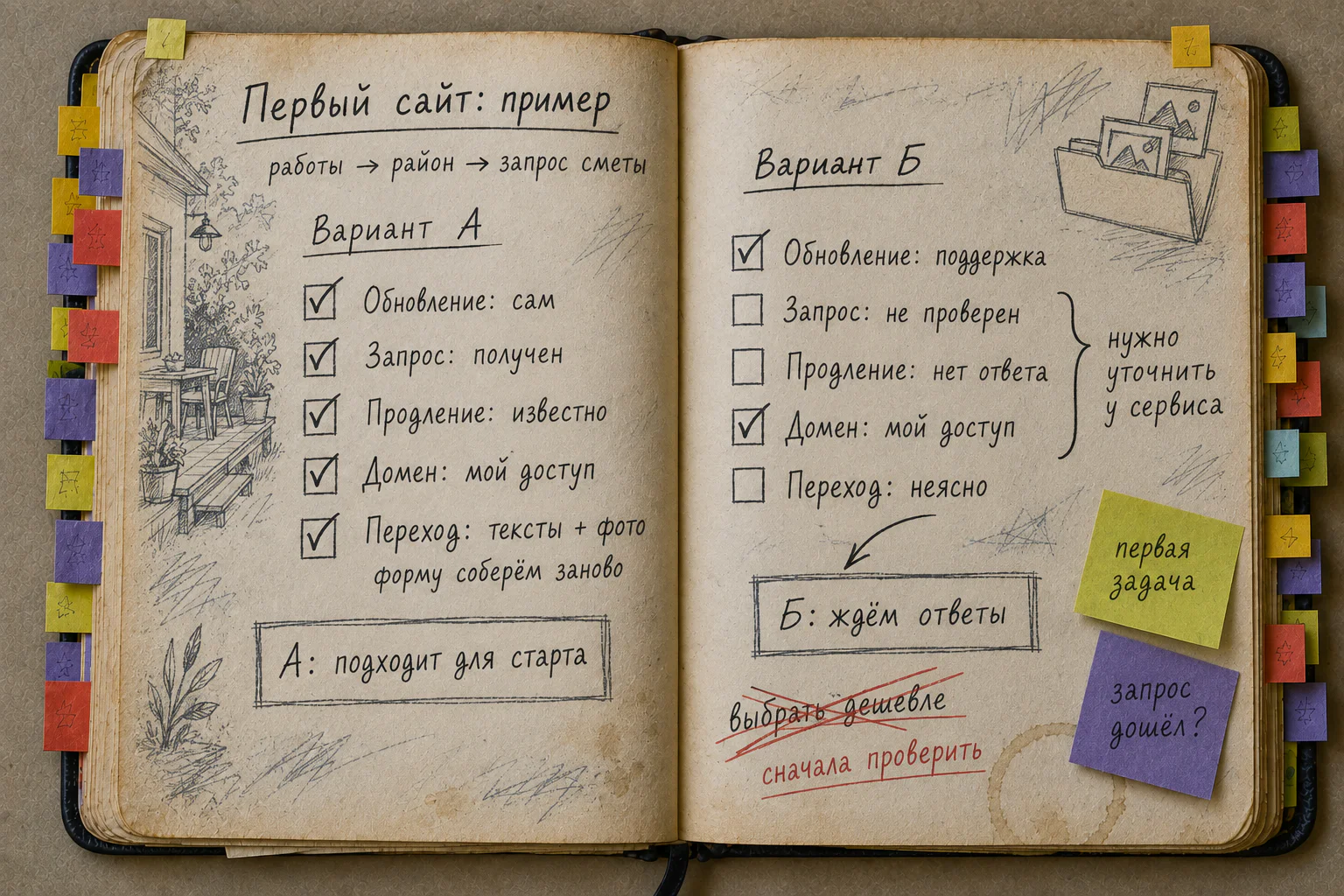Заполненная рабочая книга: в варианте А обновление и получение запроса проверены, продление известно, доступ к домену у владельца, тексты и фотографии сохранены отдельно; в варианте Б три условия ещё требуют ответа сервиса