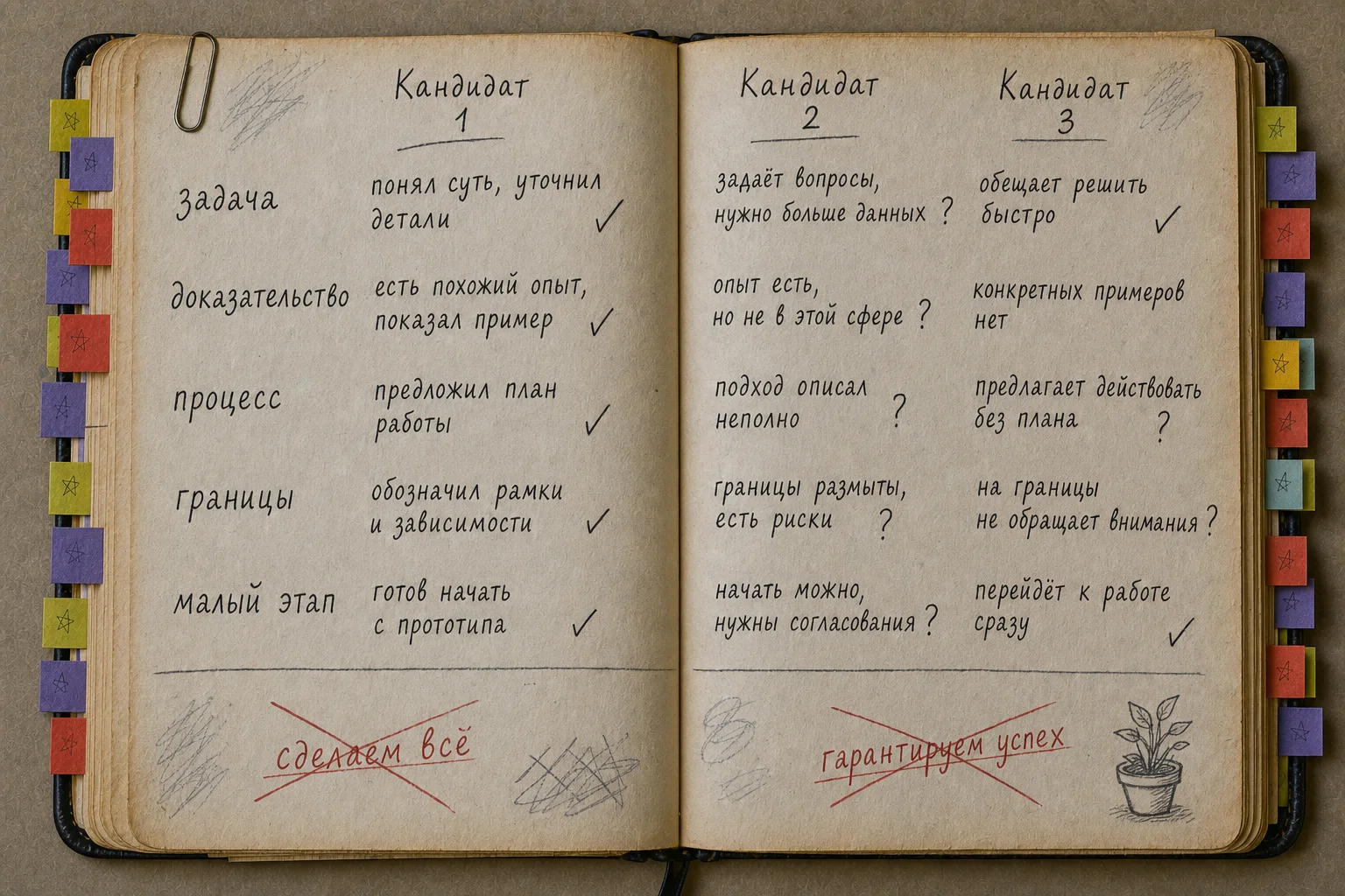 Раскрытая рабочая книга с тремя кандидатами и заполненными строками задачи, доказательства, процесса, границ и малого этапа
