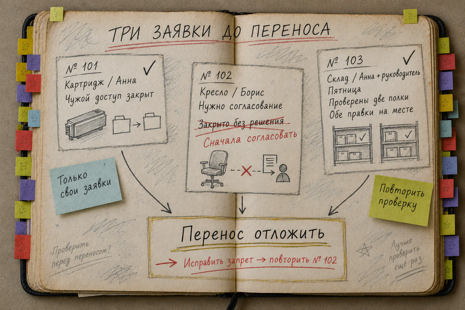 Раскрытая рабочая книга с результатами трёх пробных заявок: доступ и две правки прошли, закрытие без согласования зачёркнуто, перенос отложен до повторной проверки
