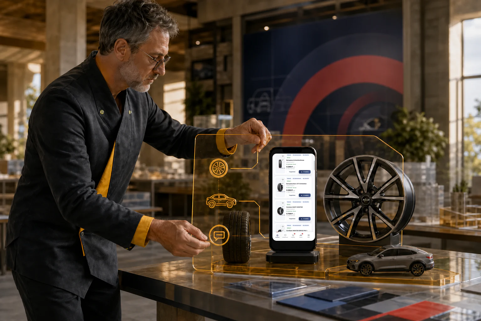 Глеб собирает маршрут Mini App вокруг телефона с реальным экраном каталога, шины, диска и модели автомобиля