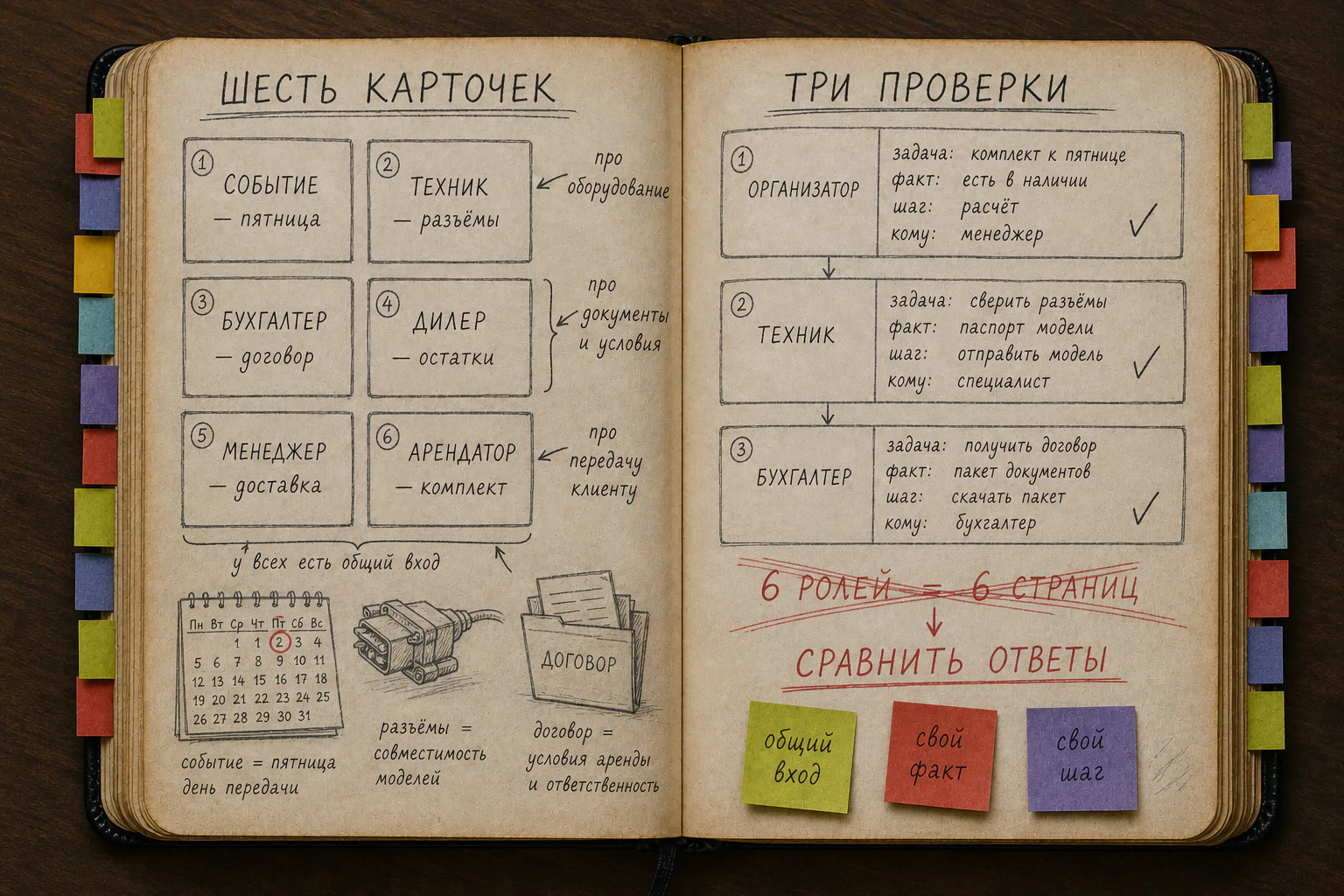 Раскрытая рабочая книга с шестью заполненными карточками и тремя примерами маршрутов для аренды оборудования.