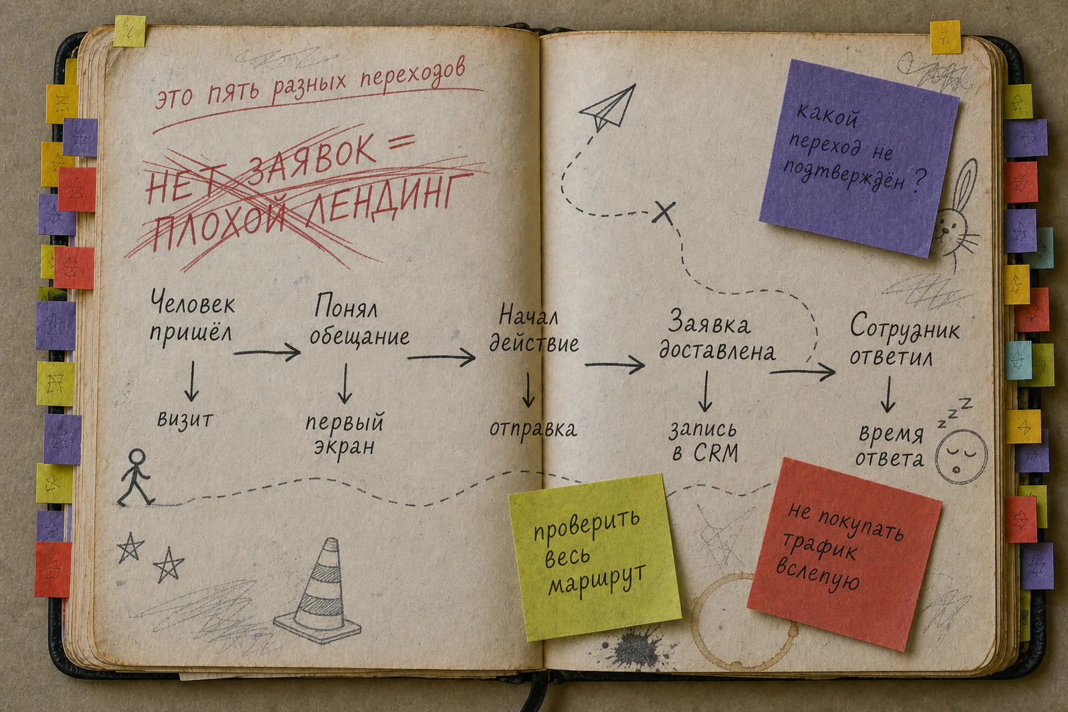 Старая рабочая книга с пятью переходами от визита до ответа сотрудника, красным исправлением диагноза и цветными проверочными заметками