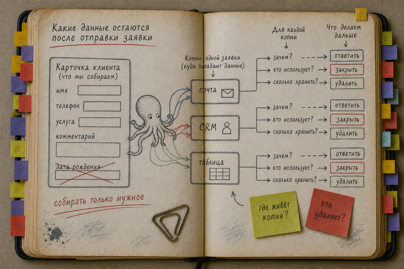 Старая рабочая книга с картой полей одной заявки, её копий и ответственных за удаление
