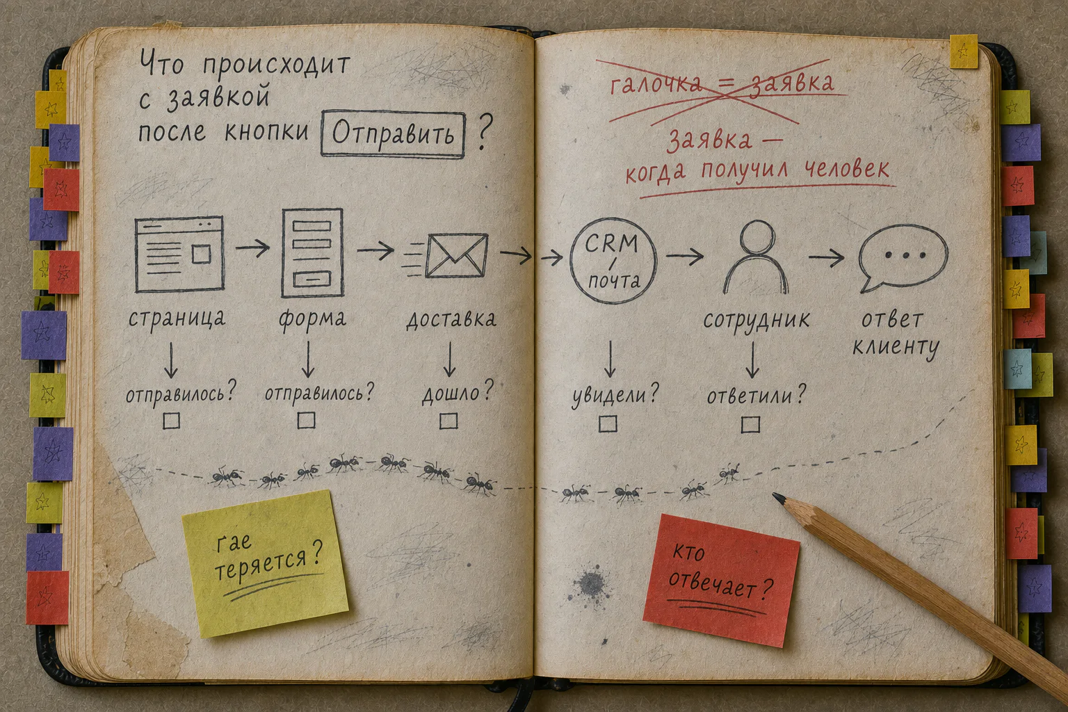 Старая рабочая книга с полным маршрутом заявки от страницы до ответа сотрудника