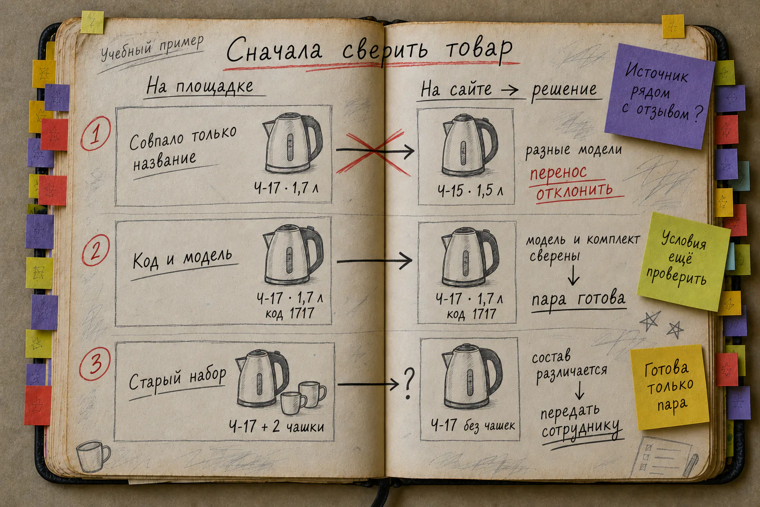 В рабочей книге проверены три пары товаров: Ч-17 не связан с Ч-15, одинаковый Ч-17 сопоставлен, старый комплект с чашками передан сотруднику
