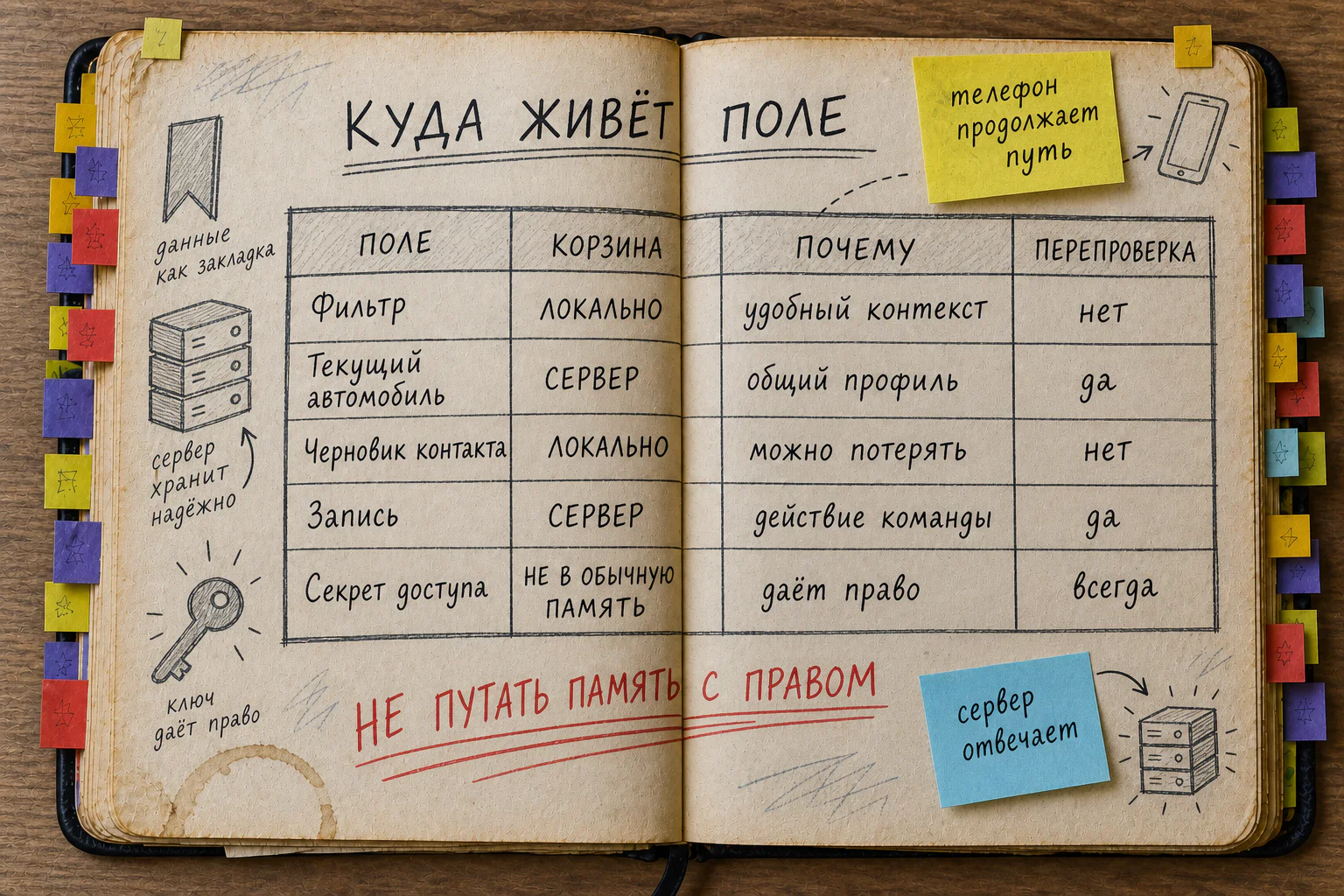 Раскрытая рабочая книга с заполненной картой пяти полей Mini App, распределённых между локальным контекстом, серверной записью и запрещённым обычным хранением