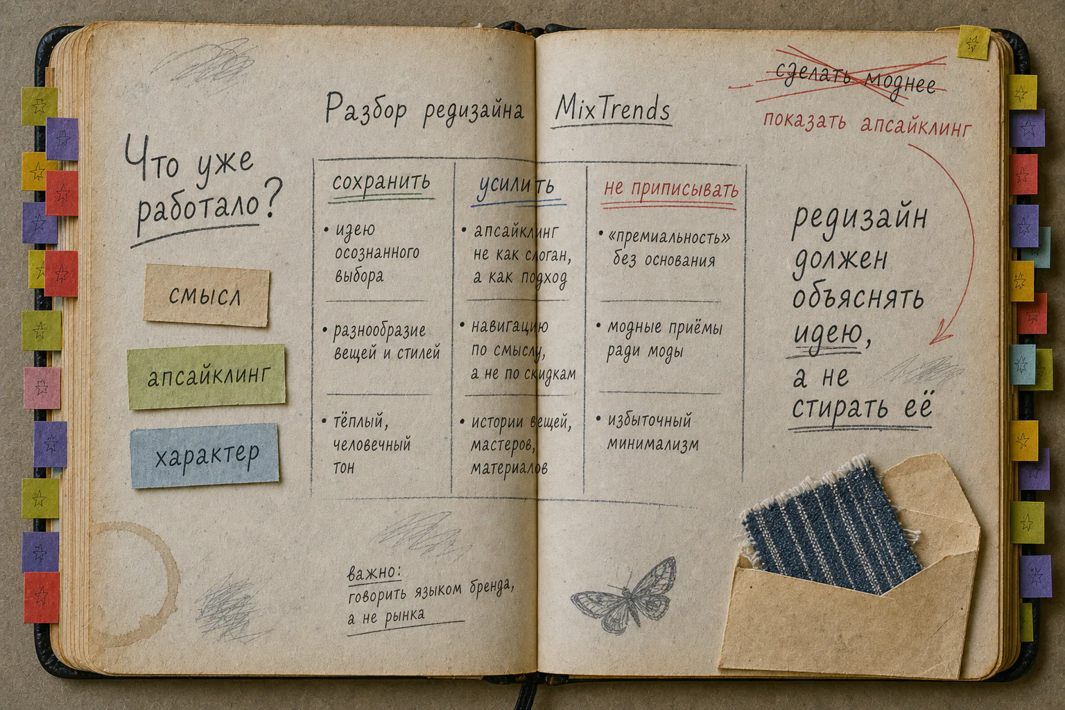 Старая рабочая книга с разбором решений редизайна MixTrends: что сохранить, усилить и не приписывать