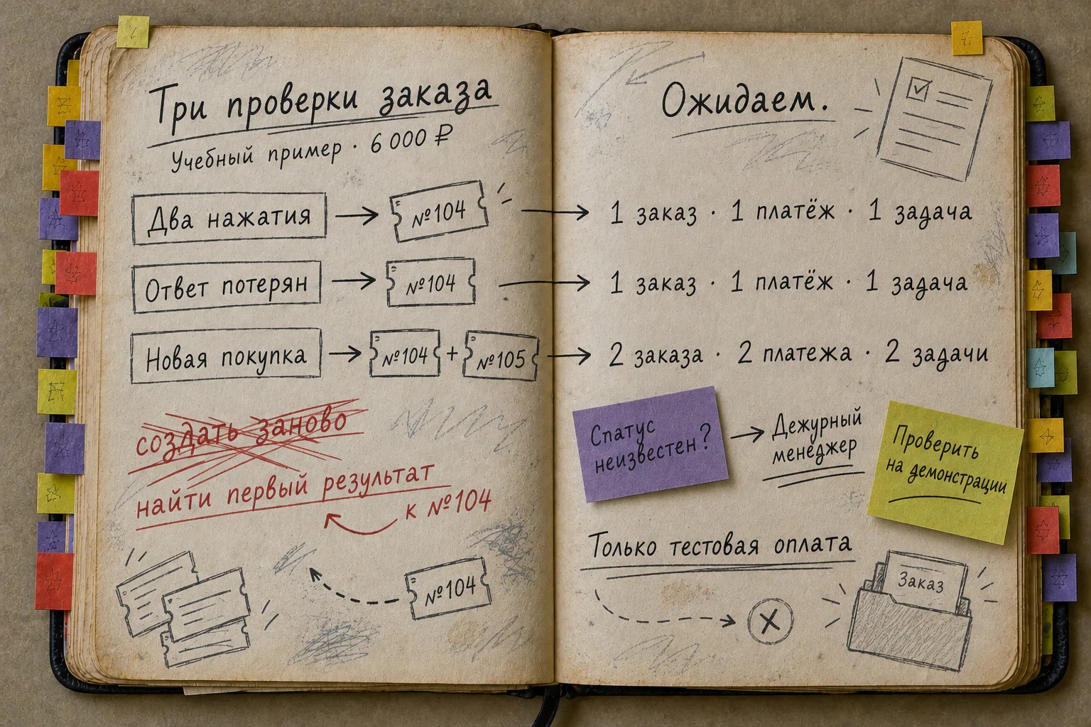 Раскрытая рабочая книга с учебным сравнением трёх проверок заказа №104 на 6 000 рублей и отдельной второй покупки №105.