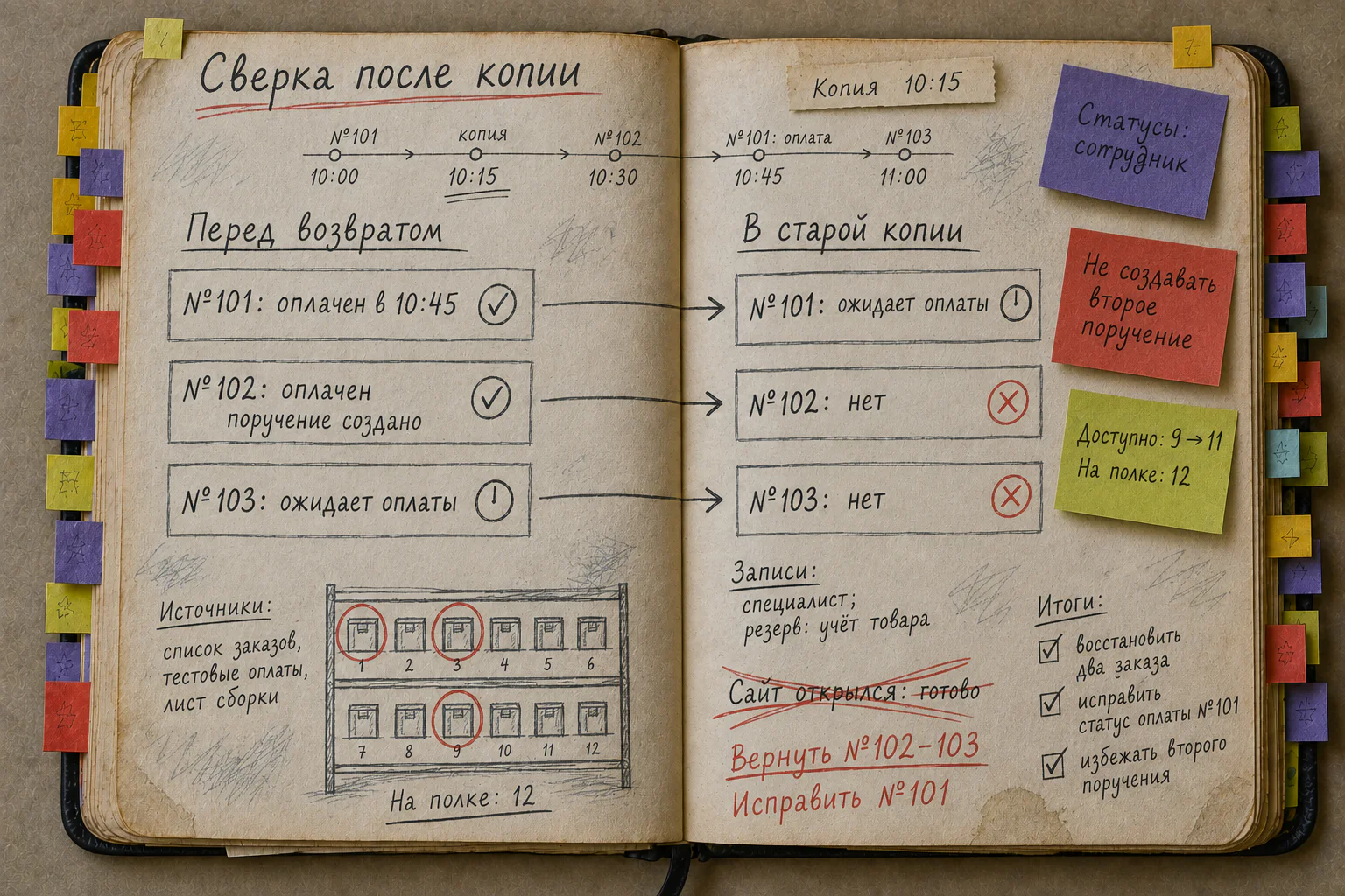 Старая рабочая книга со сверкой заказов №101–103, копии на 10:15, статусов, резерва и ответственных