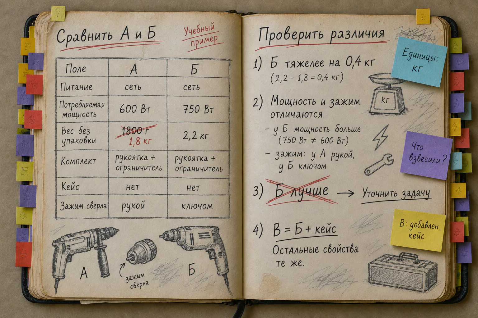 Старая раскрытая рабочая книга с заполненным сравнением двух учебных дрелей, переводом 1800 г в 1,8 кг и пометкой о кейсе третьей дрели