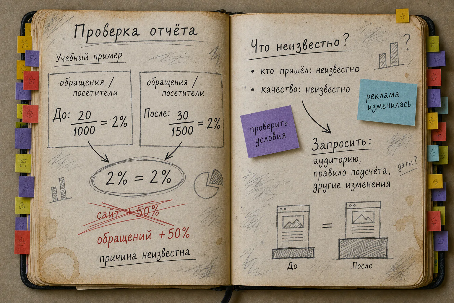 Открытая рабочая книга: 20 обращений из 1000 и 30 из 1500 дают 2%; вывод о росте из-за сайта зачёркнут, отмечены неизвестные и запрос к отчёту