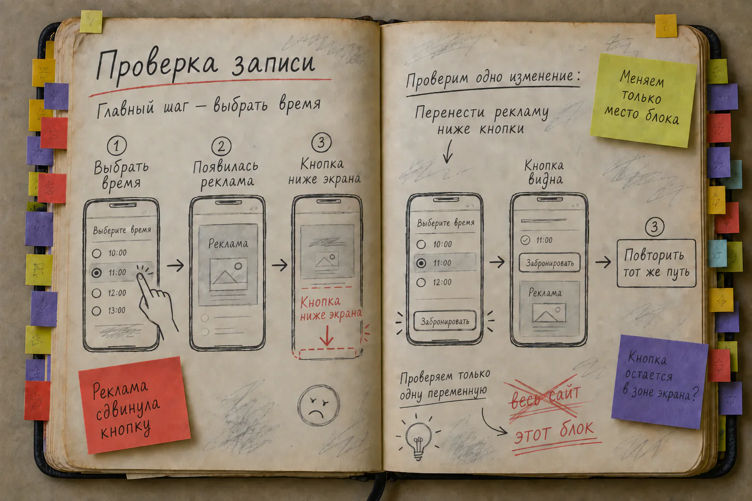 Заполненная страница старой рабочей книги: пример проверки кнопки выбора времени до и после появления рекламы