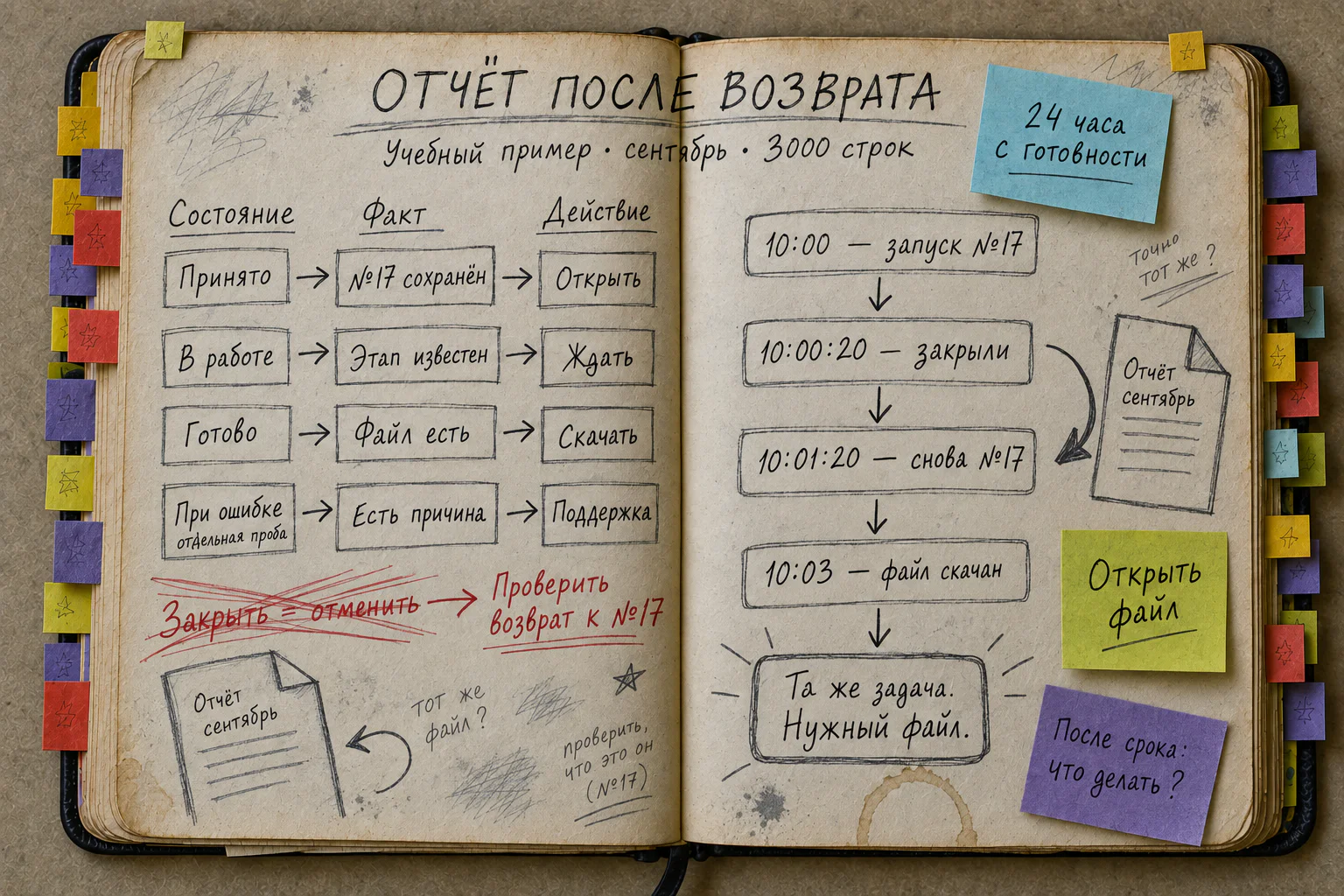 Раскрытая старая рабочая книга с учебным проходом задачи №17: запуск, закрытие, возврат, скачивание отчёта и четыре строки состояний.