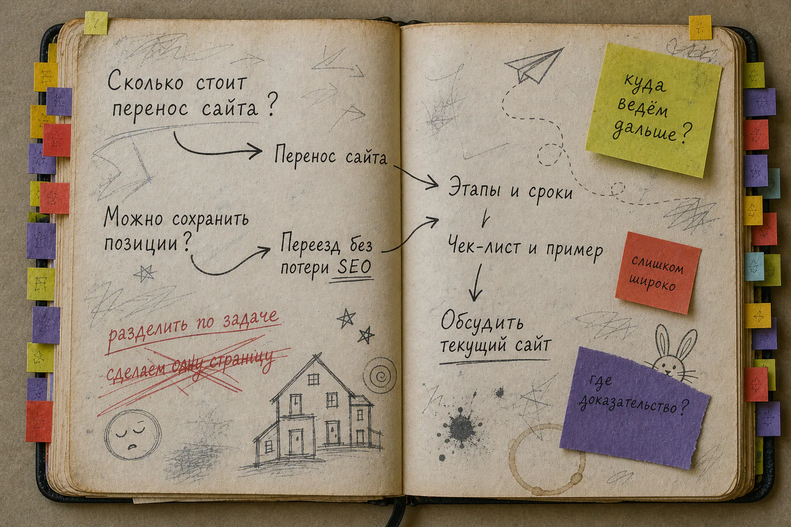 Открытая старая рабочая книга с двумя маршрутами будущих SEO-страниц, цветными заметками и красным рукописным исправлением