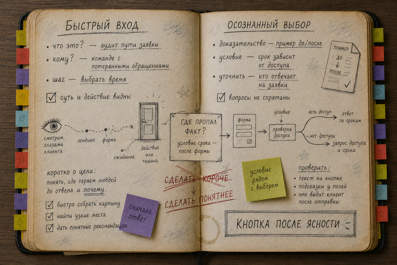 Раскрытая рабочая книга с заполненным сравнением быстрого входа и осознанного выбора на странице услуги