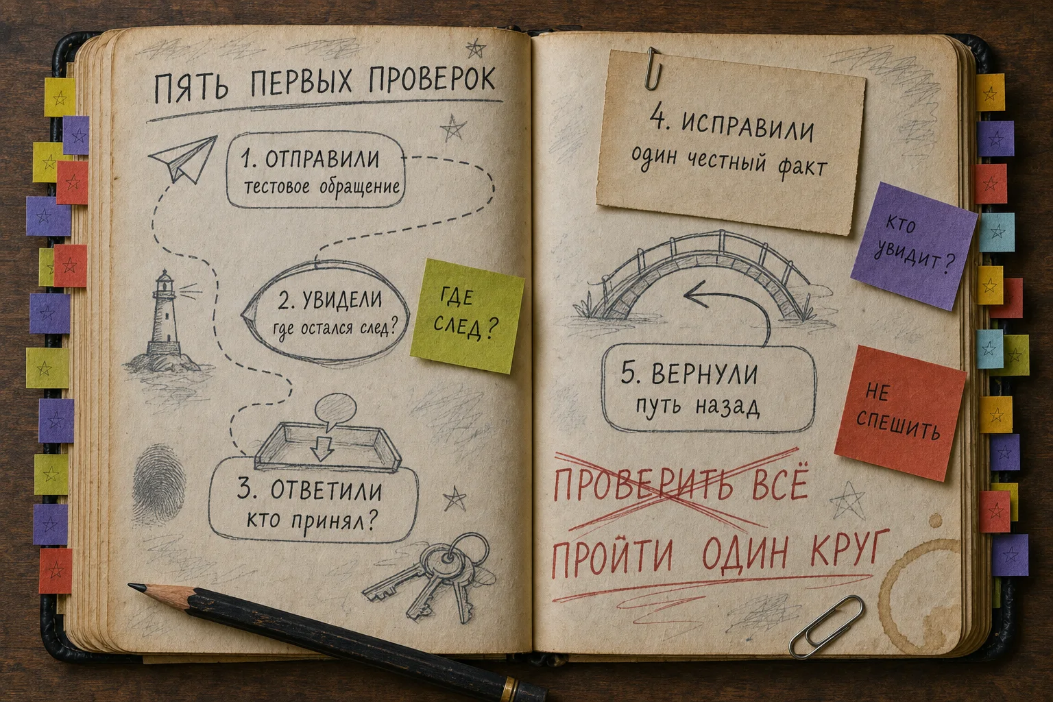 Раскрытая рабочая книга с пятью разными проверками после запуска: отправили тестовое обращение, увидели след, подтвердили получение, исправили факт и вернули изменение