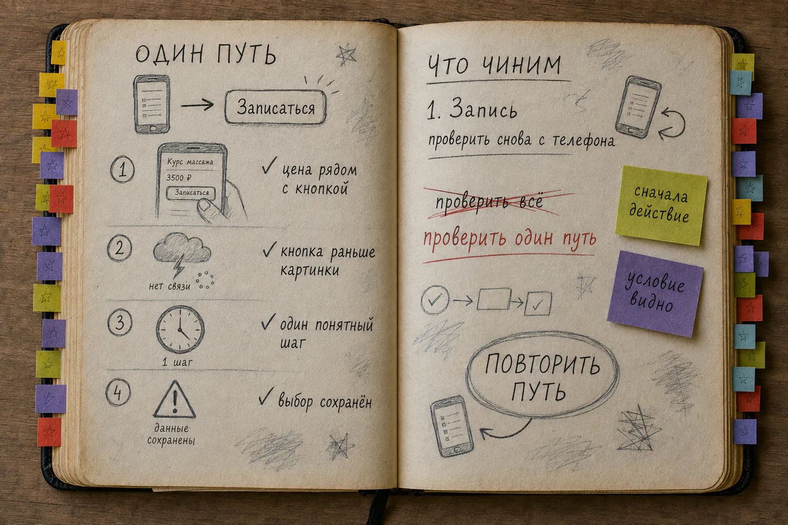 Раскрытая рабочая книга с заполненной проверкой одного пути сайта на маленьком экране, при слабой связи, в спешке и после ошибки