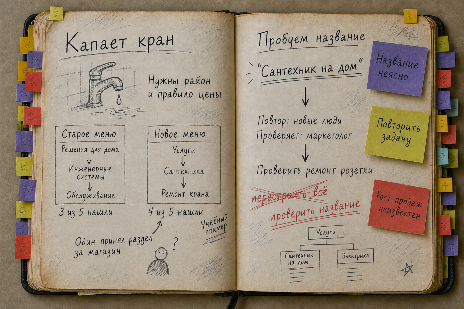 Старая раскрытая рабочая книга с учебным сравнением двух меню: 3 из 5 и 4 из 5, ошибкой «принял за магазин» и правкой «Сантехник на дом» для повторной проверки