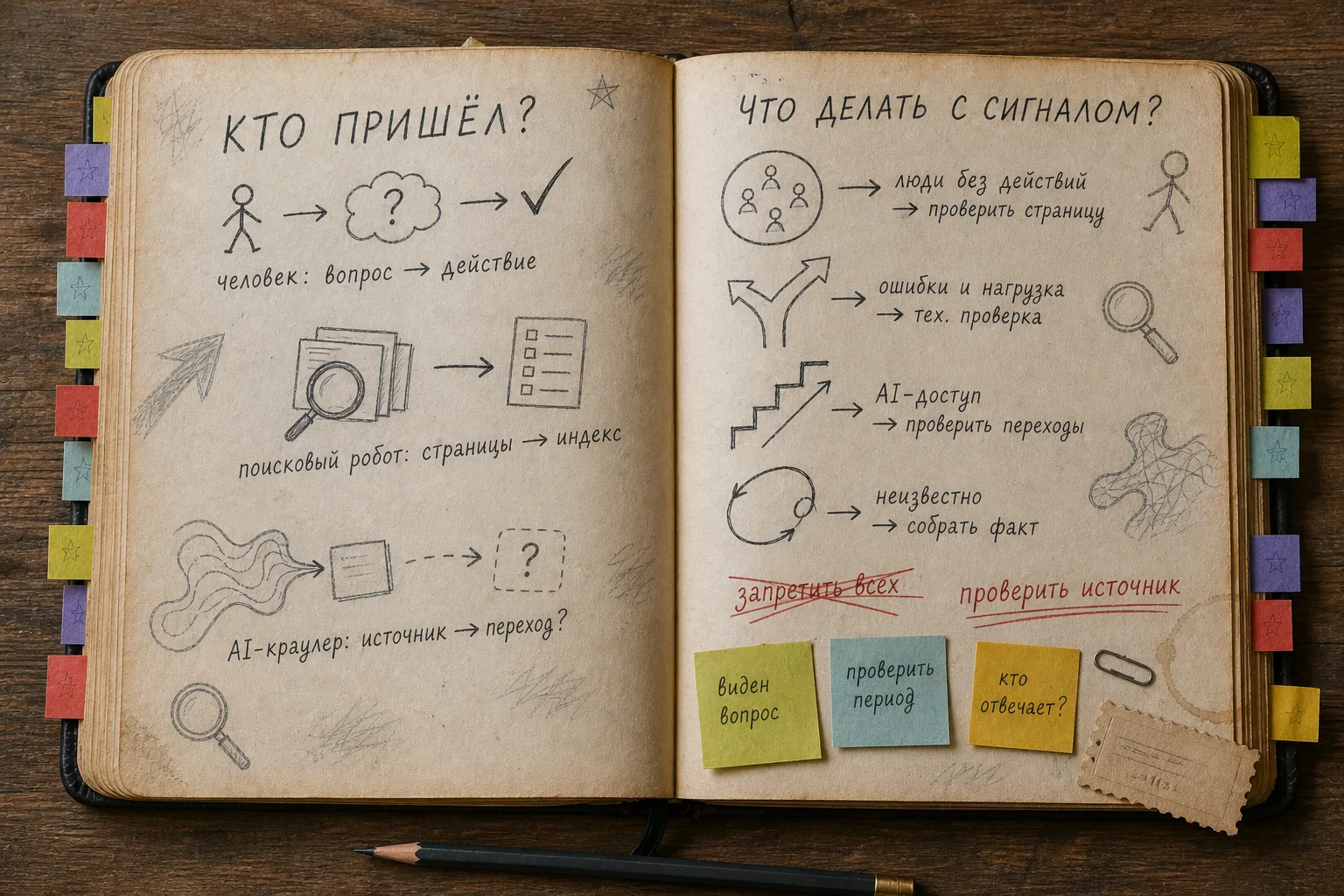 Открытый блокнот с тремя колонками: аналитика, сервер и обращения, а также заметками о человеке, поисковом роботе и AI-краулере