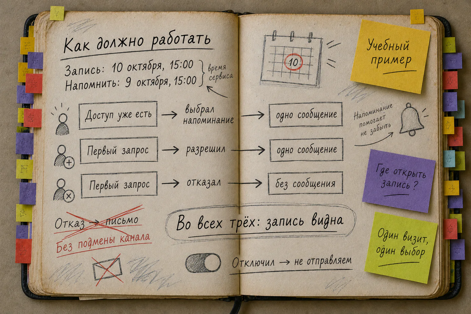 Раскрытая рабочая книга с учебной записью на 10 октября в 15:00, напоминанием 9 октября в 15:00 и тремя ожидаемыми результатами выбора сообщений.