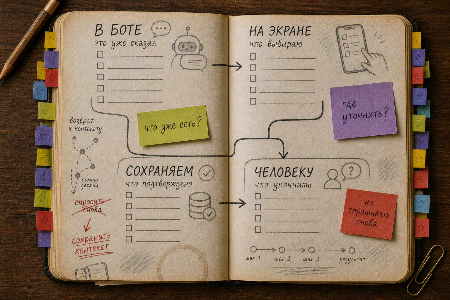 Раскрытая старая рабочая книга с контрактом перехода между ботом, экраном выбора и человеком, цветными заметками, карандашной схемой ветвления, красной редактурой и множеством цветных закладок