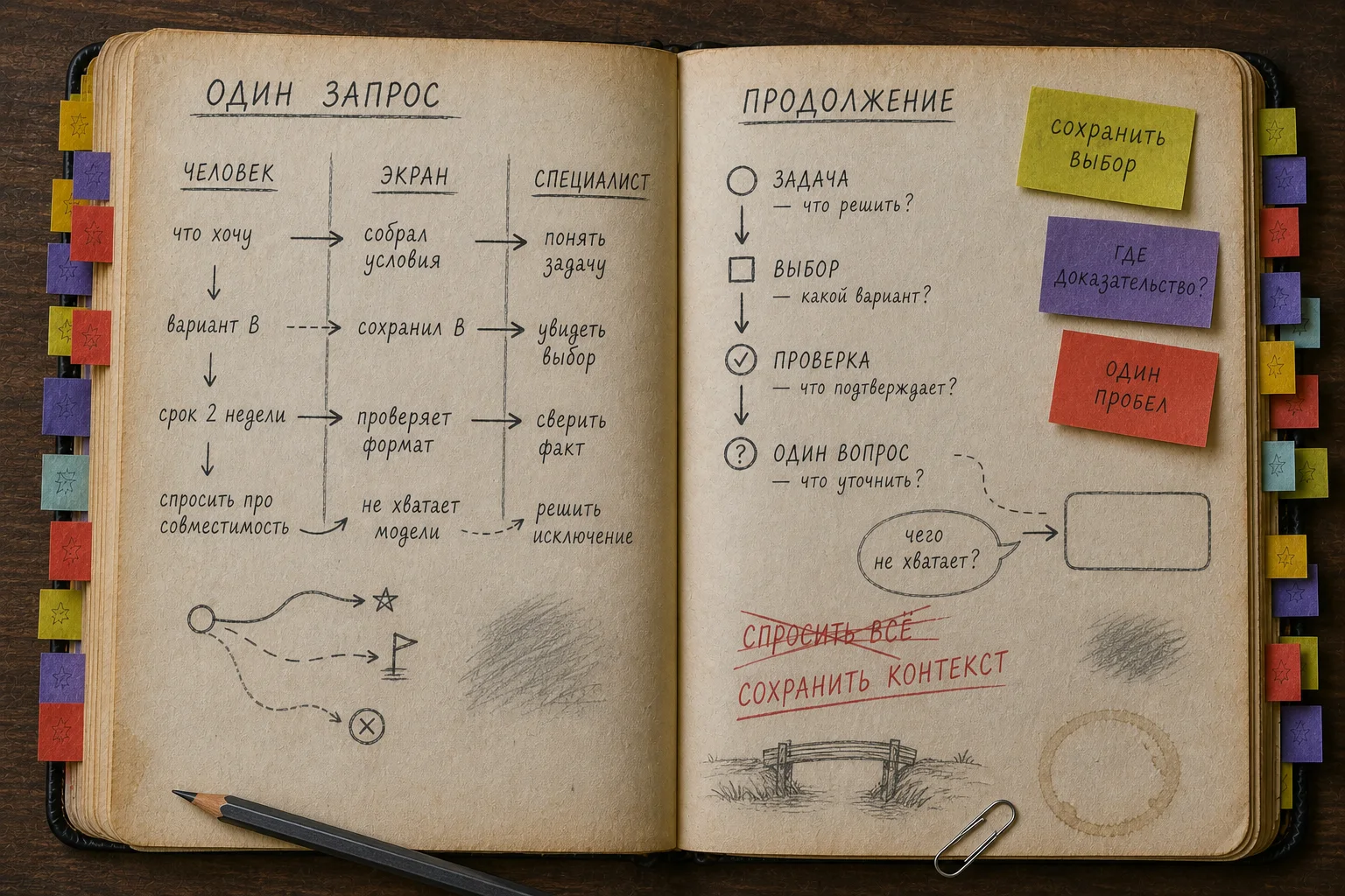 Раскрытая старая рабочая книга с разными действиями посетителя, Mini App и специалиста, маршрутом задачи к одному вопросу, цветными заметками, карандашными схемами и красной правкой