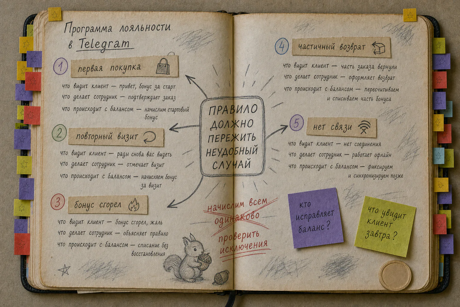 Старая рабочая книга с пятью неудобными сценариями программы лояльности