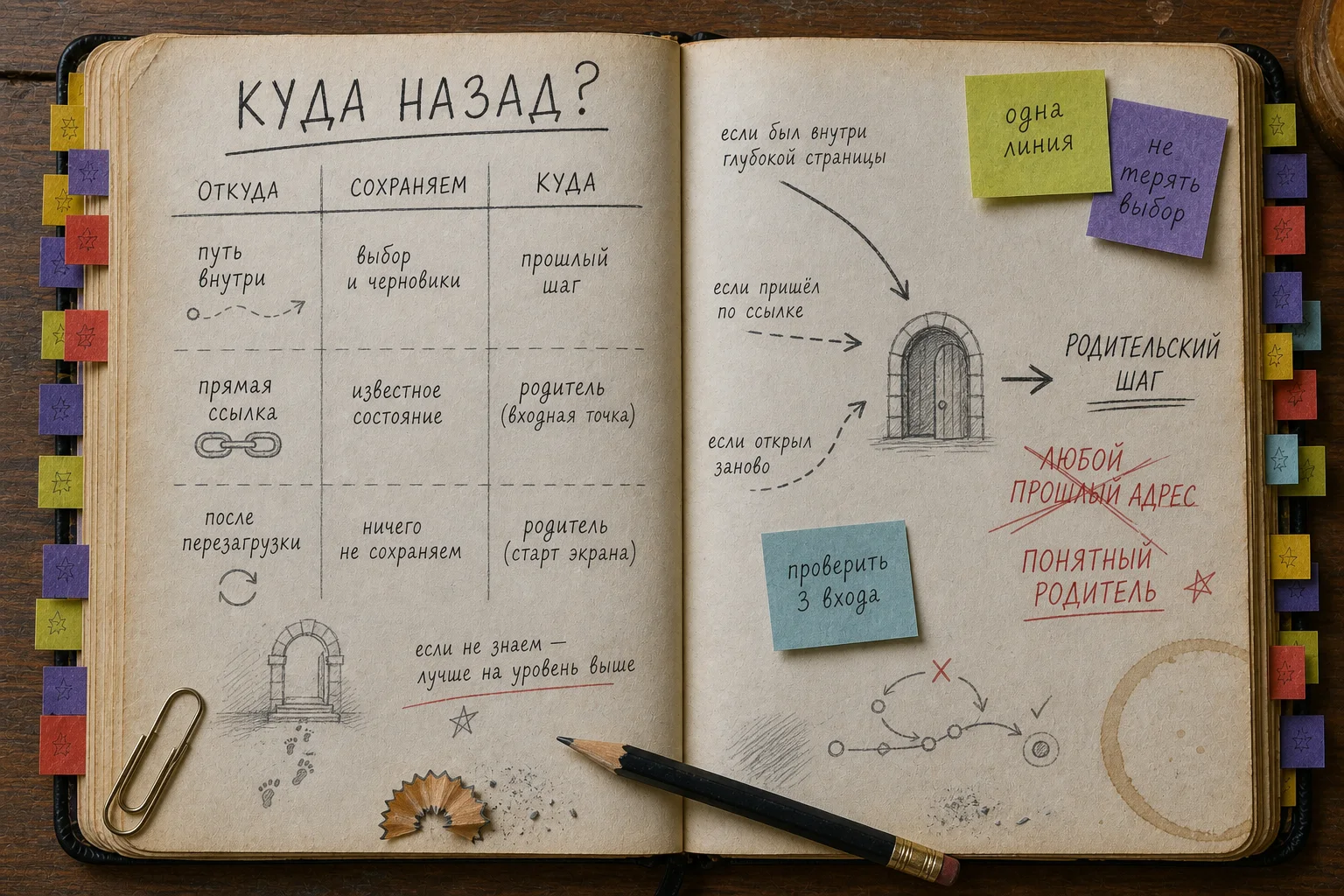 Раскрытая старая рабочая книга с тремя маршрутами возврата, колонками «Откуда», «Сохраняем» и «Куда», заметками, карандашными набросками и красной правкой