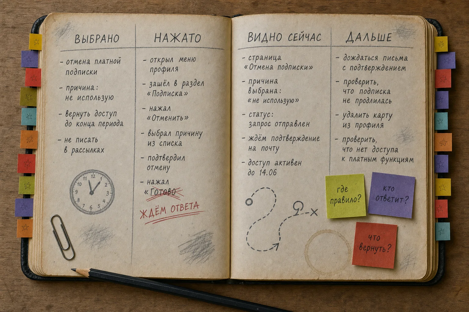 Раскрытая старая рабочая книга с картой одного сценария отмены, четырьмя колонками, цветными заметками, карандашными набросками и красной правкой статуса