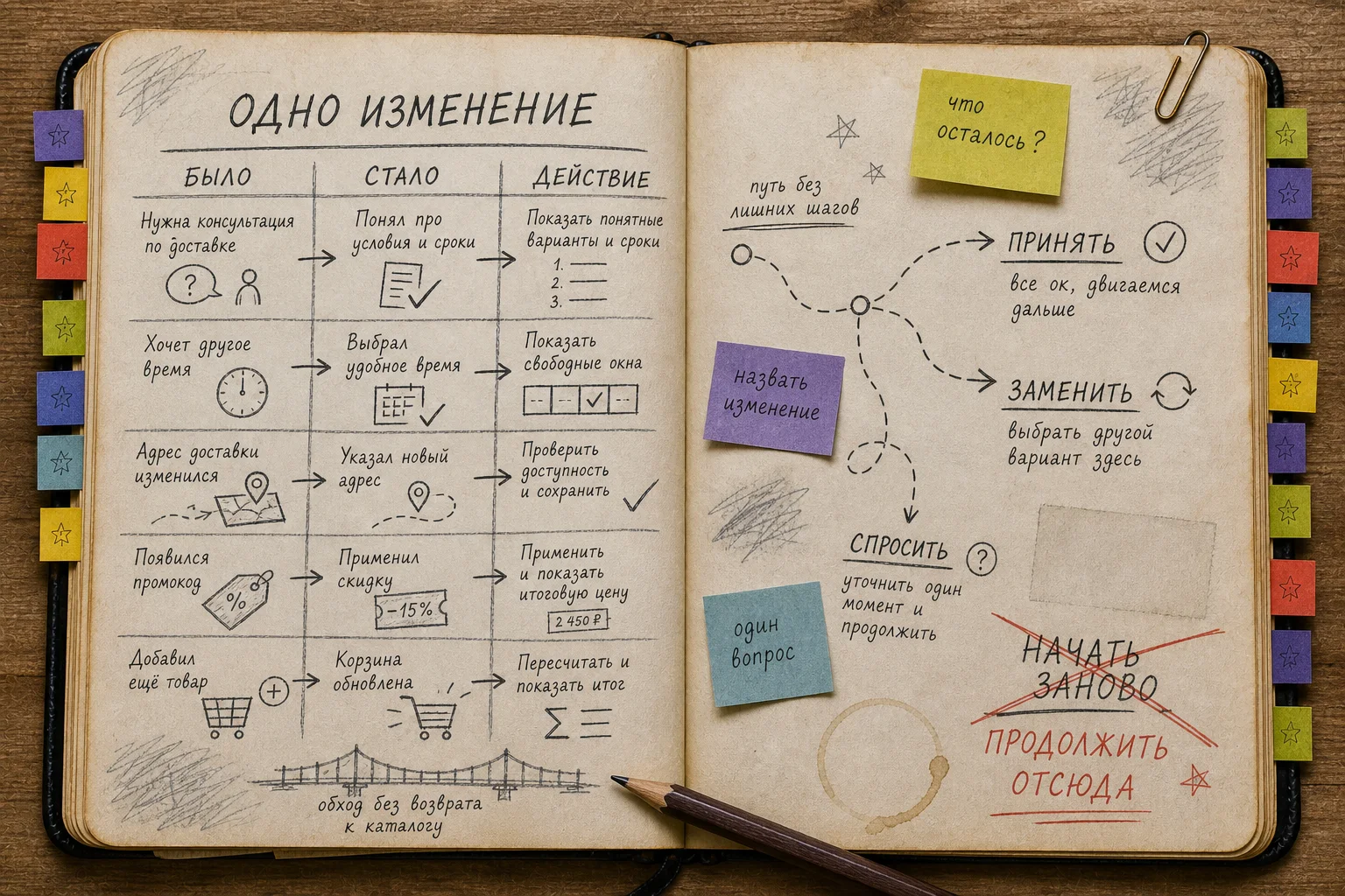 Раскрытая старая рабочая книга с картой было, стало и действие, цветными заметками, карандашными набросками и красной правкой