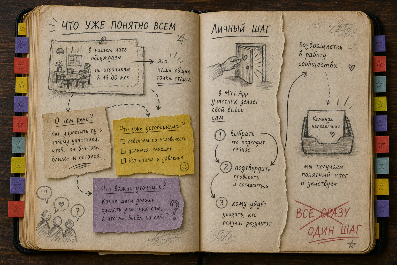 Раскрытая старая рабочая книга: слева общий контекст сообщества, справа личный шаг участника и понятный получатель результата, с цветными заметками, карандашными набросками и красной правкой